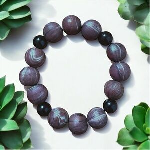 Wooden Brown Silver Black Recycled Vintage Beads Bracelet 6.0”